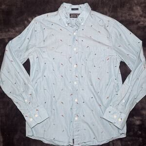 Hawker Rye Shirt Men Sz M Blue Slim Fit Bird Print Button Up Long Sleeve Pocket